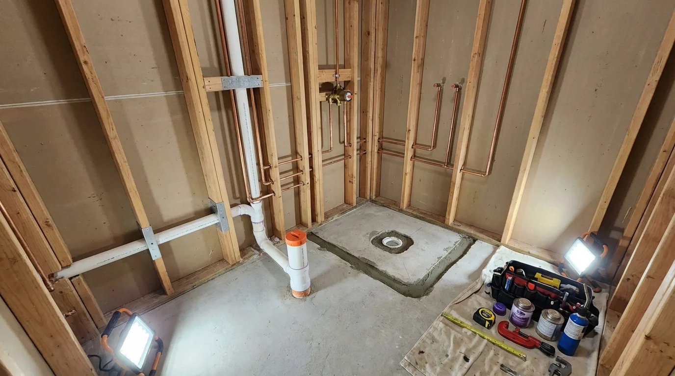 Bathroom rough-in plumbing during remodel by Johns Plumbing LLC in Fort Gibson
