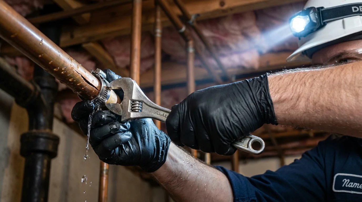 Emergency pipe clamp repair being performed by a Johns Plumbing LLC plumber in Fort Gibson