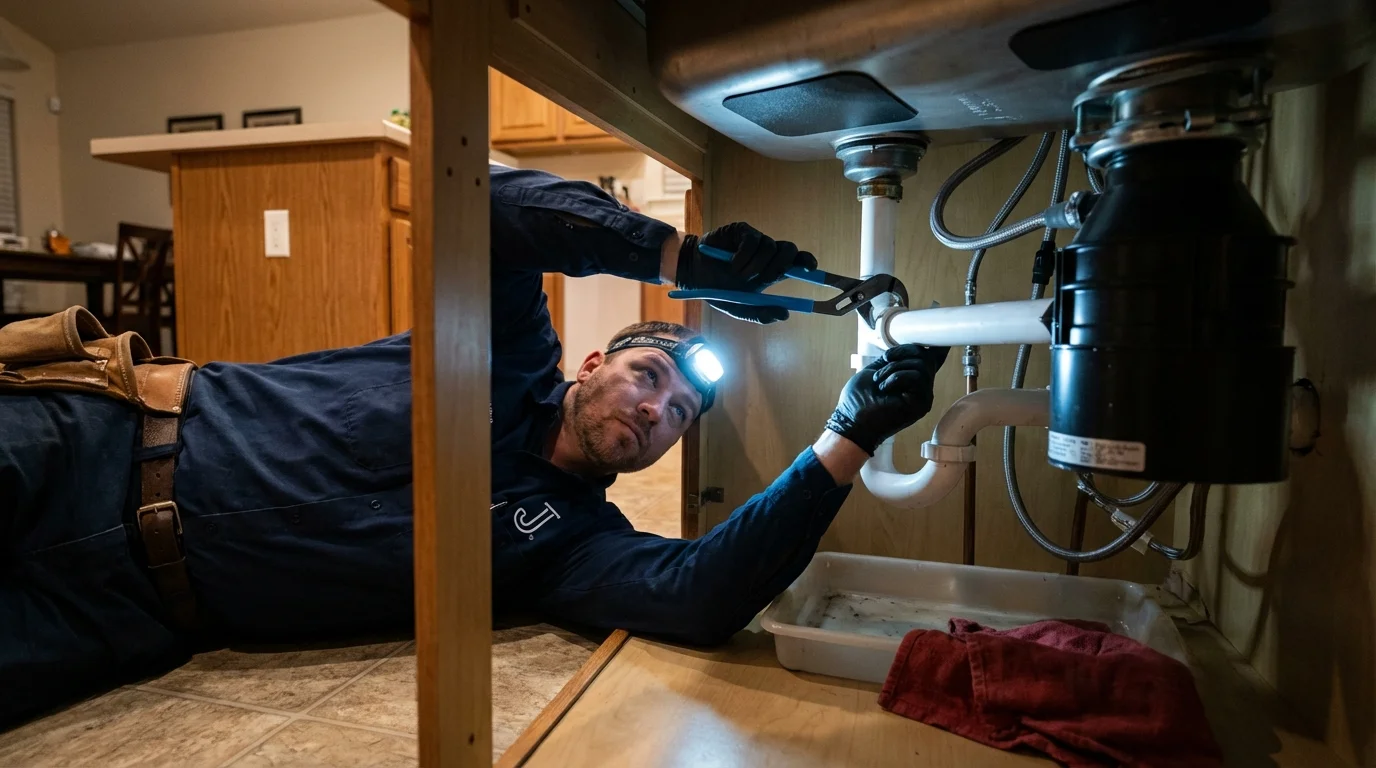 P-trap and supply line connections under a kitchen sink showing a common leak point in Fort Gibson, OK